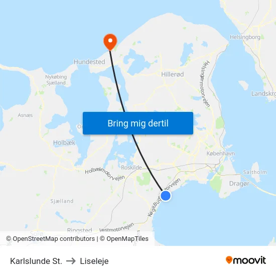 Karlslunde St. to Liseleje map