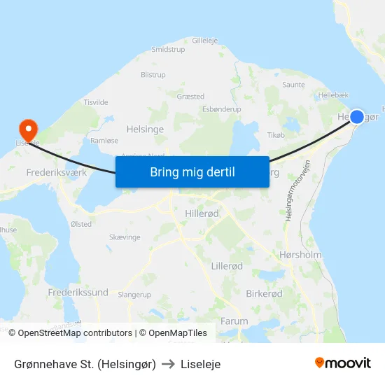 Grønnehave St. (Helsingør) to Liseleje map