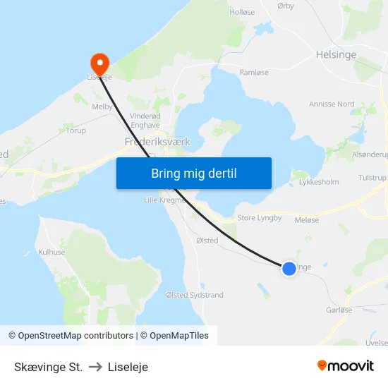 Skævinge St. to Liseleje map