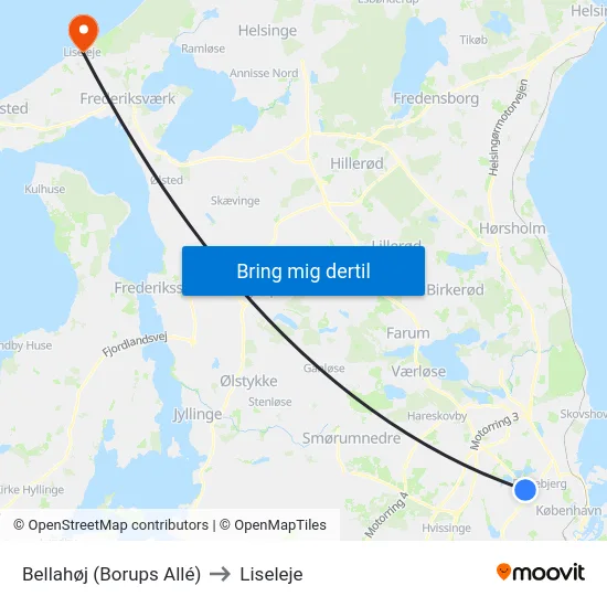 Bellahøj (Borups Allé) to Liseleje map