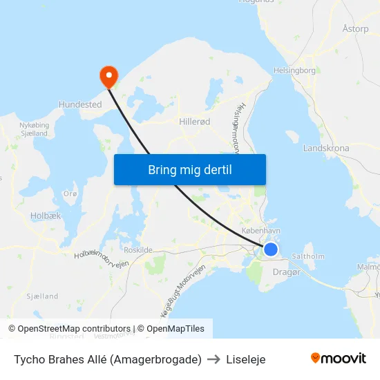 Tycho Brahes Allé (Amagerbrogade) to Liseleje map