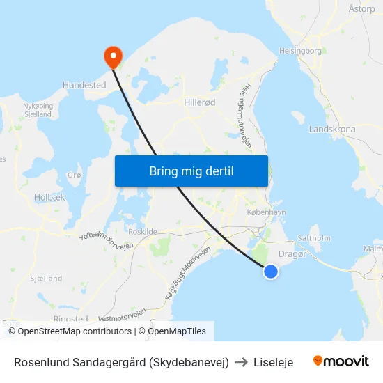 Rosenlund Sandagergård (Skydebanevej) to Liseleje map