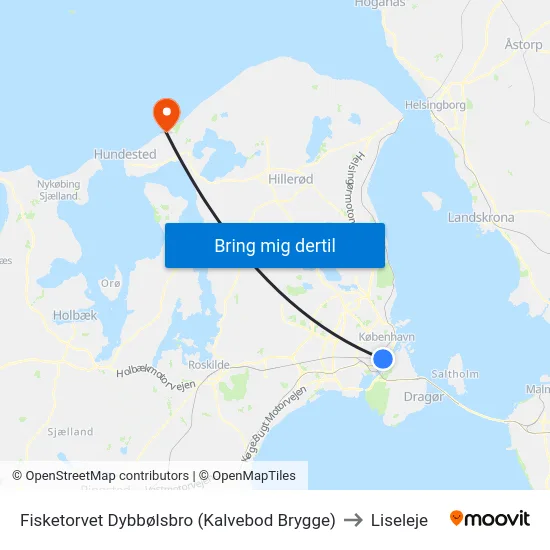 Fisketorvet Dybbølsbro (Kalvebod Brygge) to Liseleje map