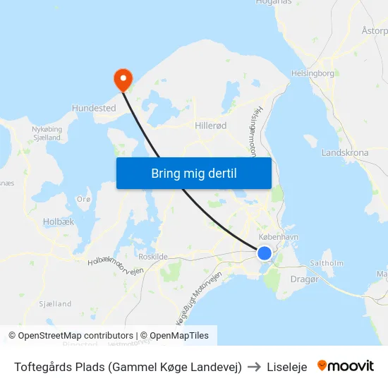 Toftegårds Plads (Gammel Køge Landevej) to Liseleje map