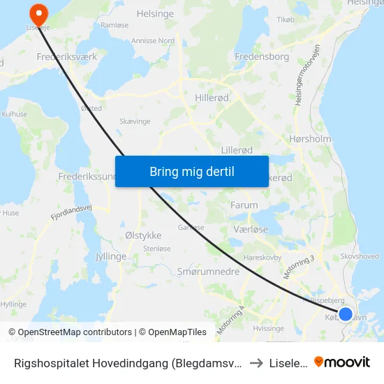 Rigshospitalet Hovedindgang (Blegdamsvej) to Liseleje map