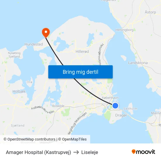 Amager Hospital (Kastrupvej) to Liseleje map