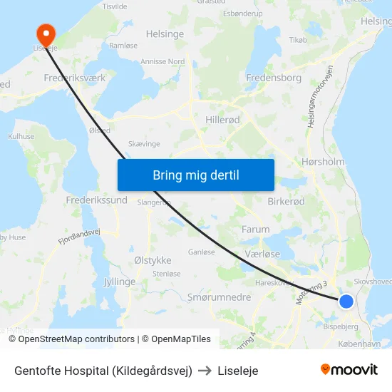 Gentofte Hospital (Kildegårdsvej) to Liseleje map