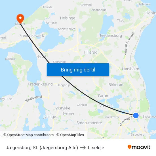 Jægersborg St. (Jægersborg Allé) to Liseleje map