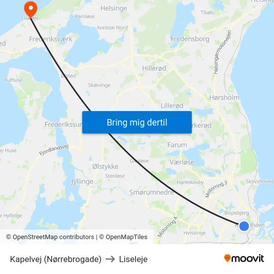 Kapelvej (Nørrebrogade) to Liseleje map