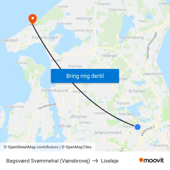 Bagsværd Svømmehal (Værebrovej) to Liseleje map