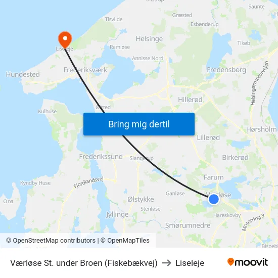 Værløse St. under Broen (Fiskebækvej) to Liseleje map
