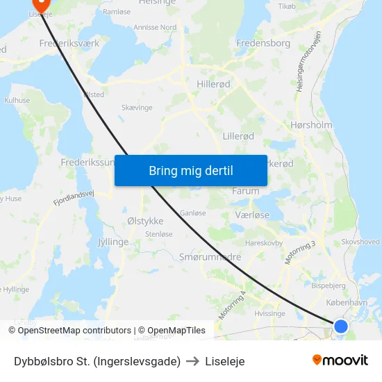 Dybbølsbro St. (Ingerslevsgade) to Liseleje map