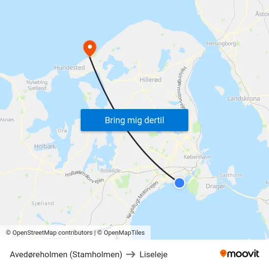 Avedøreholmen (Stamholmen) to Liseleje map