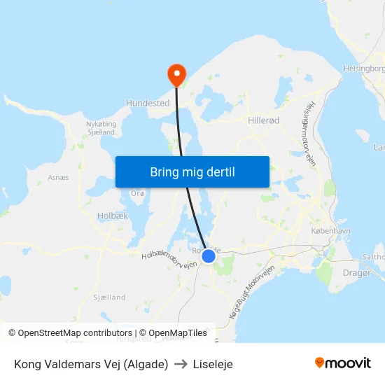 Kong Valdemars Vej (Algade) to Liseleje map