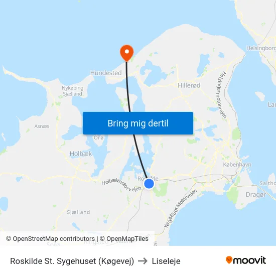Roskilde St. Sygehuset (Køgevej) to Liseleje map