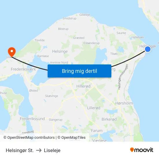 Helsingør St. to Liseleje map