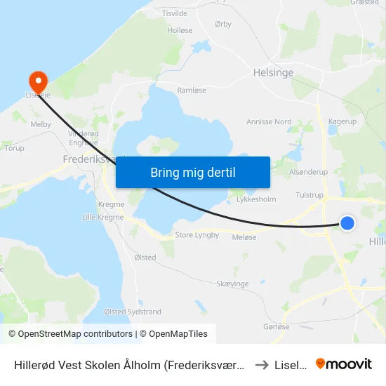 Hillerød Vest Skolen Ålholm (Frederiksværksgade) to Liseleje map