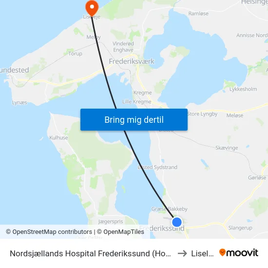 Nordsjællands Hospital Frederikssund (Hospitalvej) to Liseleje map