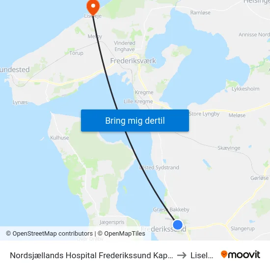 Nordsjællands Hospital Frederikssund Kapellet to Liseleje map