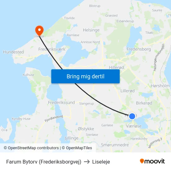Farum Bytorv (Frederiksborgvej) to Liseleje map