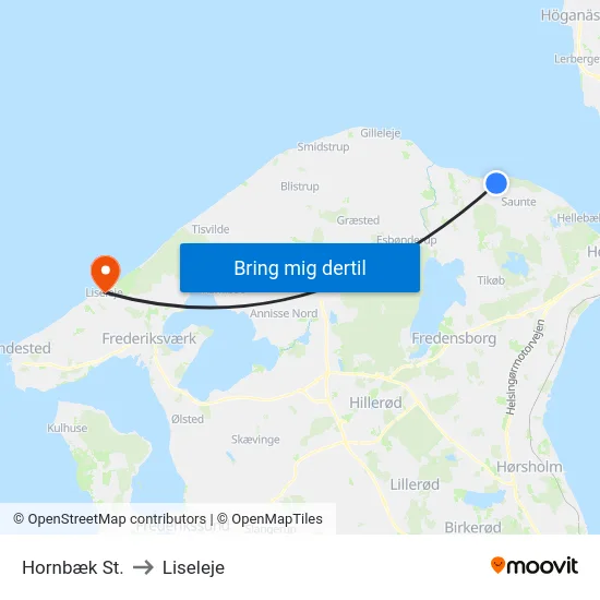 Hornbæk St. to Liseleje map