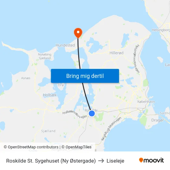 Roskilde St. Sygehuset (Ny Østergade) to Liseleje map