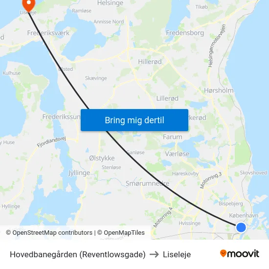 Hovedbanegården (Reventlowsgade) to Liseleje map