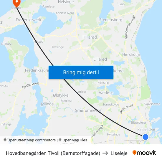 Hovedbanegården Tivoli (Bernstorffsgade) to Liseleje map