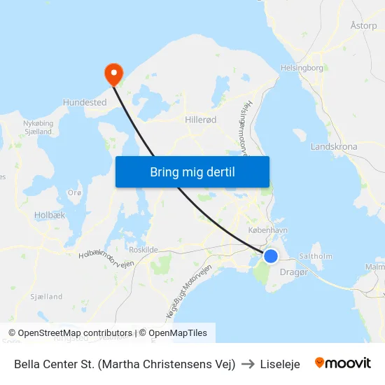 Bella Center St. (Martha Christensens Vej) to Liseleje map