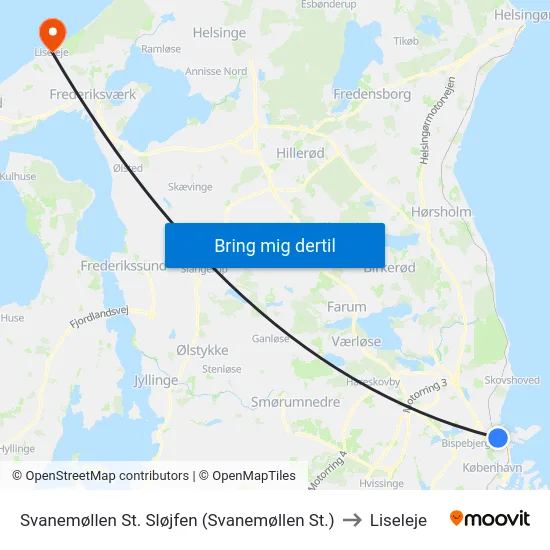 Svanemøllen St. Sløjfen (Svanemøllen St.) to Liseleje map