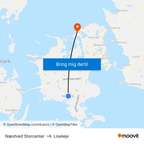 Næstved Storcenter to Liseleje map