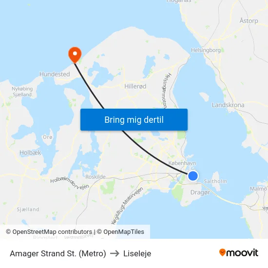 Amager Strand St. (Metro) to Liseleje map