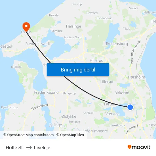 Holte St. to Liseleje map