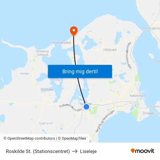 Roskilde St. (Stationscentret) to Liseleje map