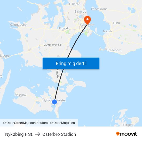 Nykøbing F St. to Østerbro Stadion map