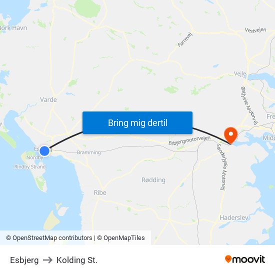 Esbjerg to Kolding St. map