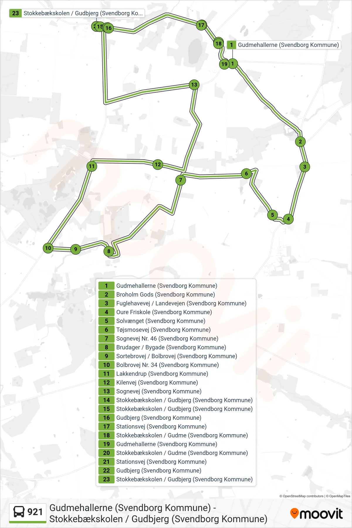 921 bus Linje (Gudbjerg) rute og stop på et kort