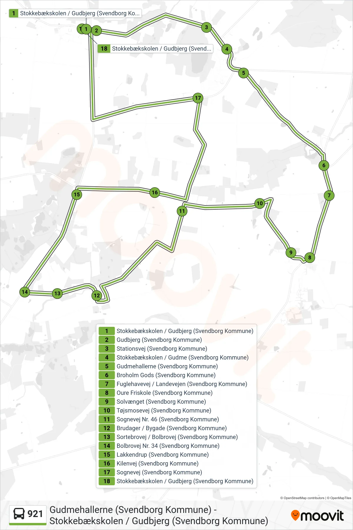 921 bus Linje (Gudbjerg) rute og stop på et kort
