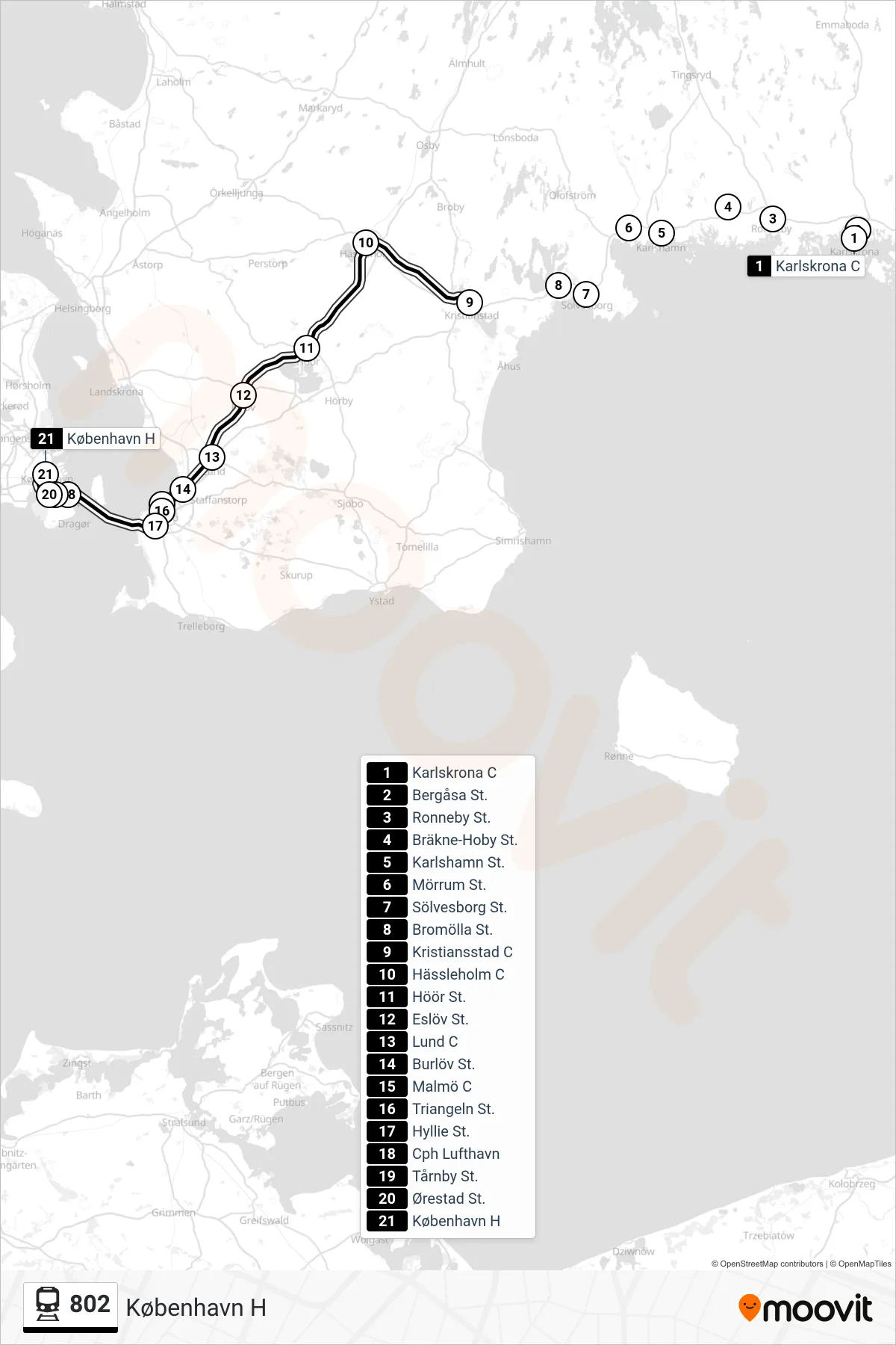 802 jernbane Linje (København H) rute og stop på et kort
