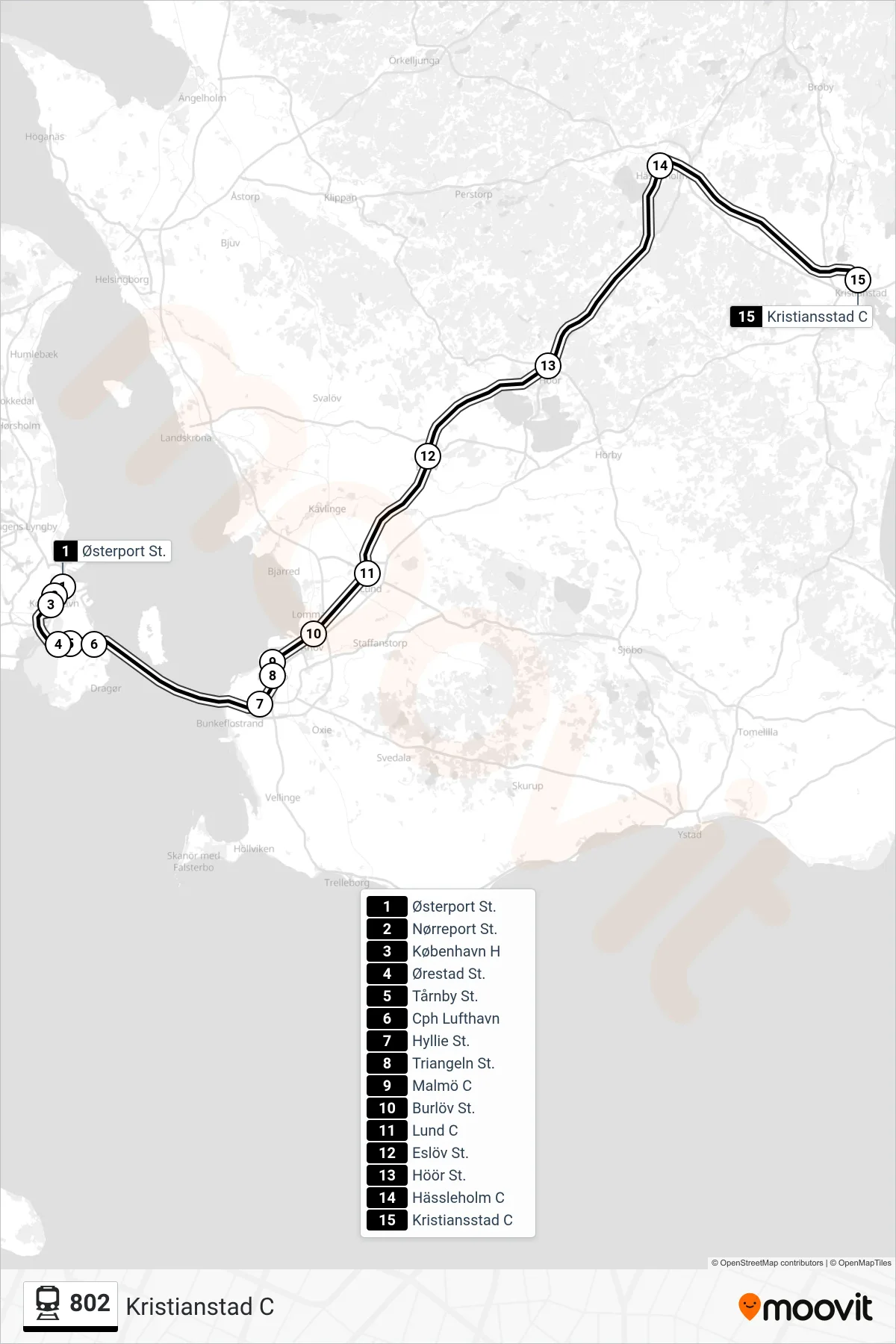 802 jernbane Linje (Kristianstad C) rute og stop på et kort