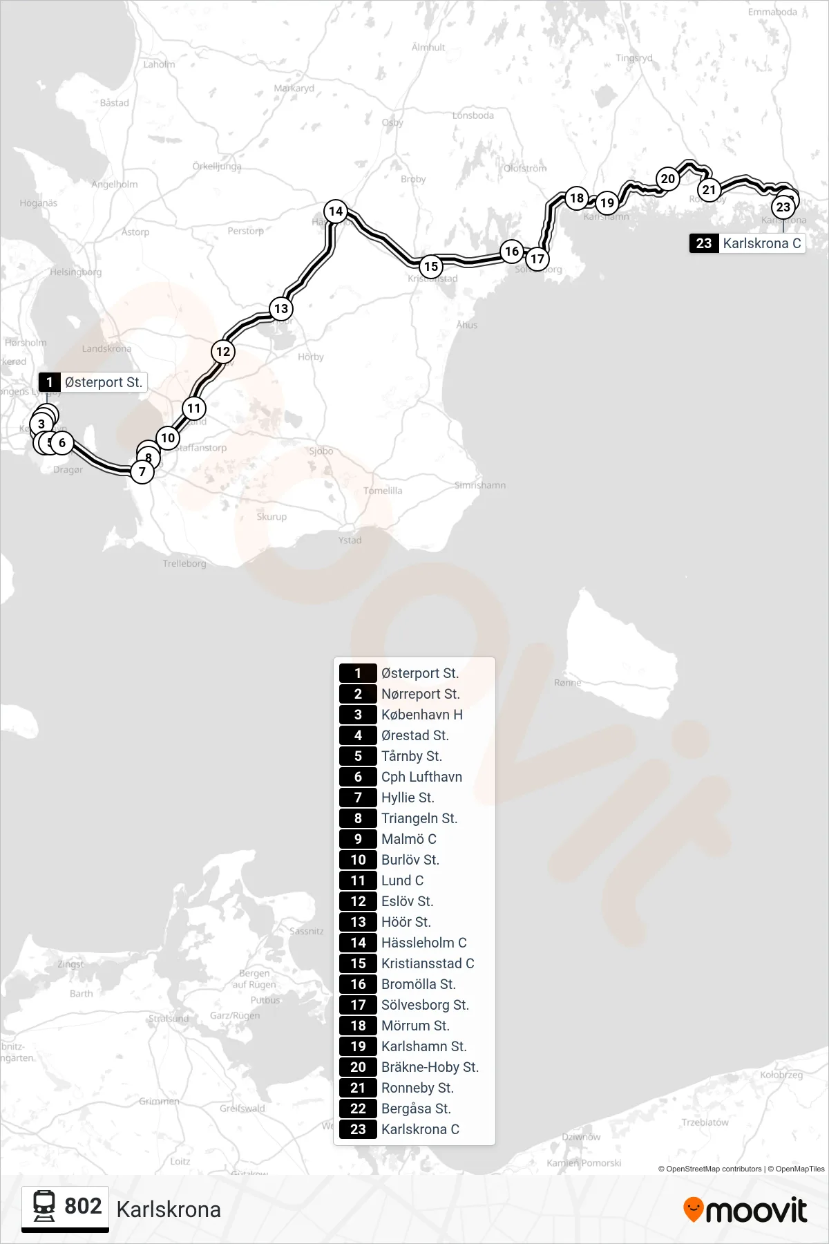 802 jernbane Linje (Karlskrona) rute og stop på et kort