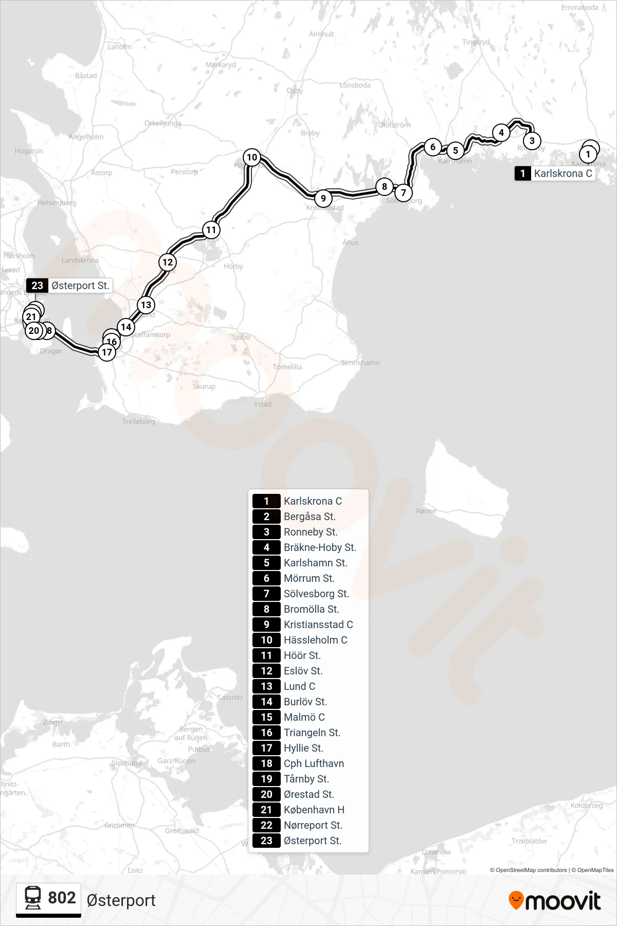 802 jernbane Linje (Østerport) rute og stop på et kort