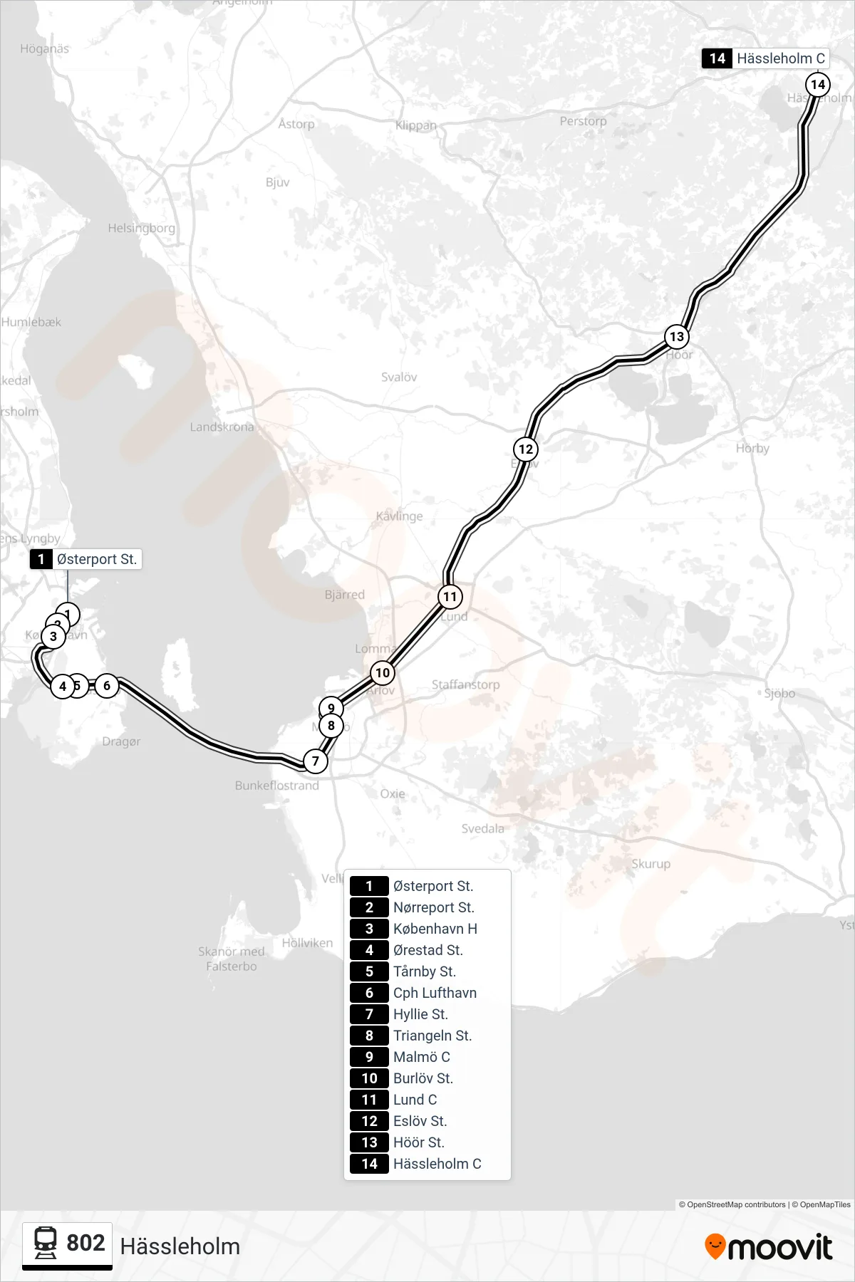 802 jernbane Linje (Hässleholm) rute og stop på et kort