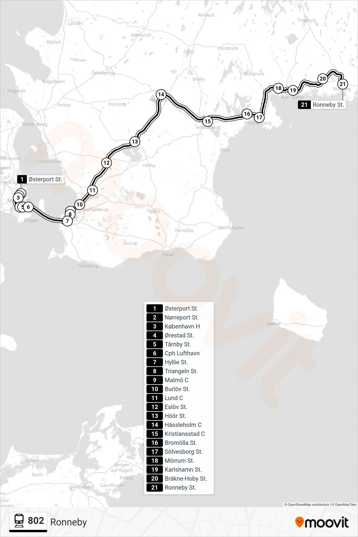 802 jernbane Linje (Ronneby) rute og stop på et kort