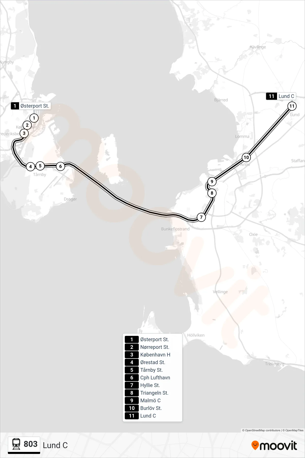 803 jernbane Linje (Lund C) rute og stop på et kort