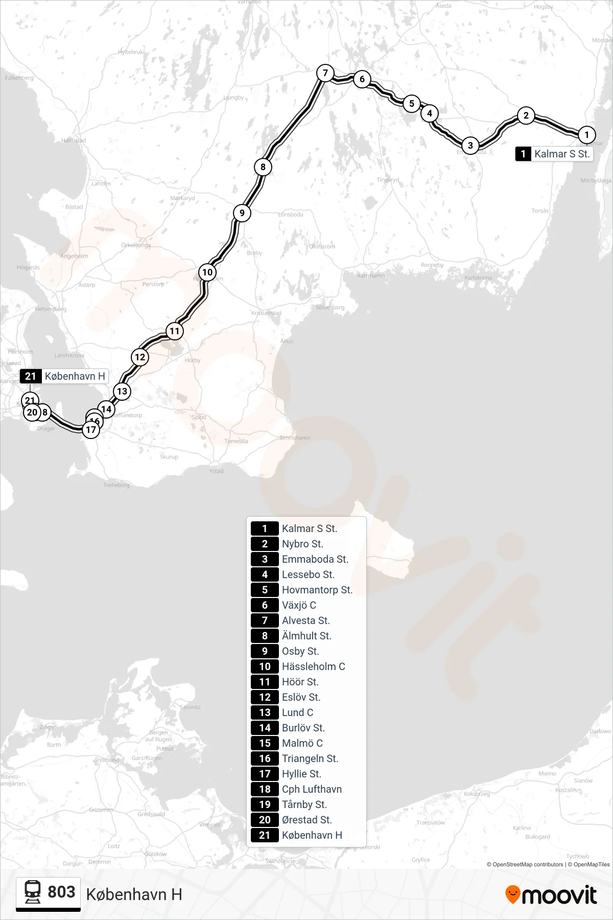803 jernbane Linje (København H) rute og stop på et kort