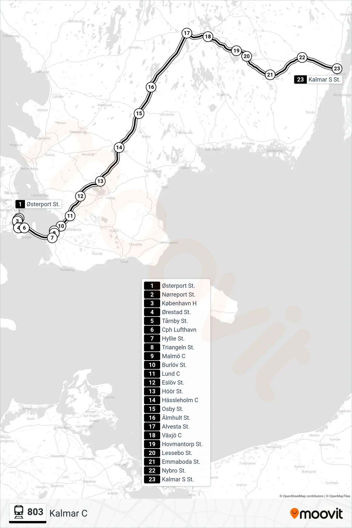803 jernbane Linje (Kalmar C) rute og stop på et kort