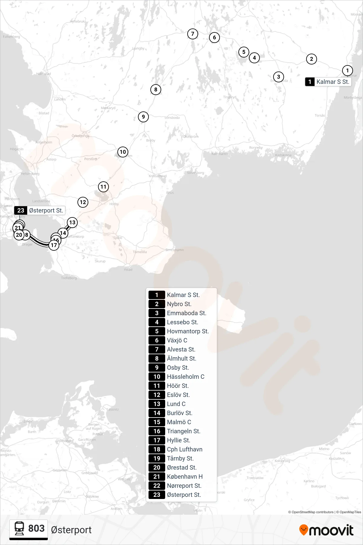 803 jernbane Linje (Østerport) rute og stop på et kort