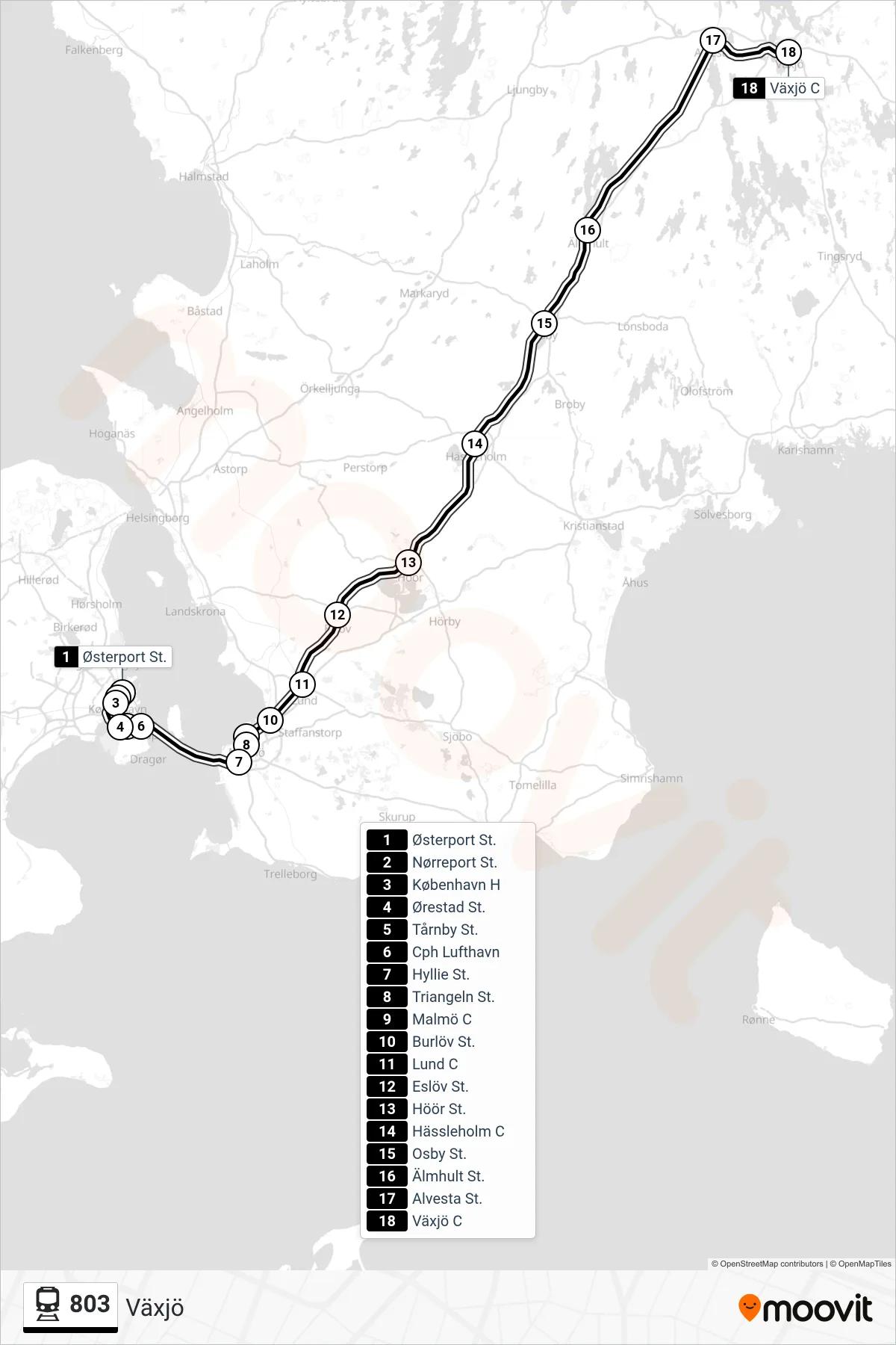 803 jernbane Linje (Växjö) rute og stop på et kort