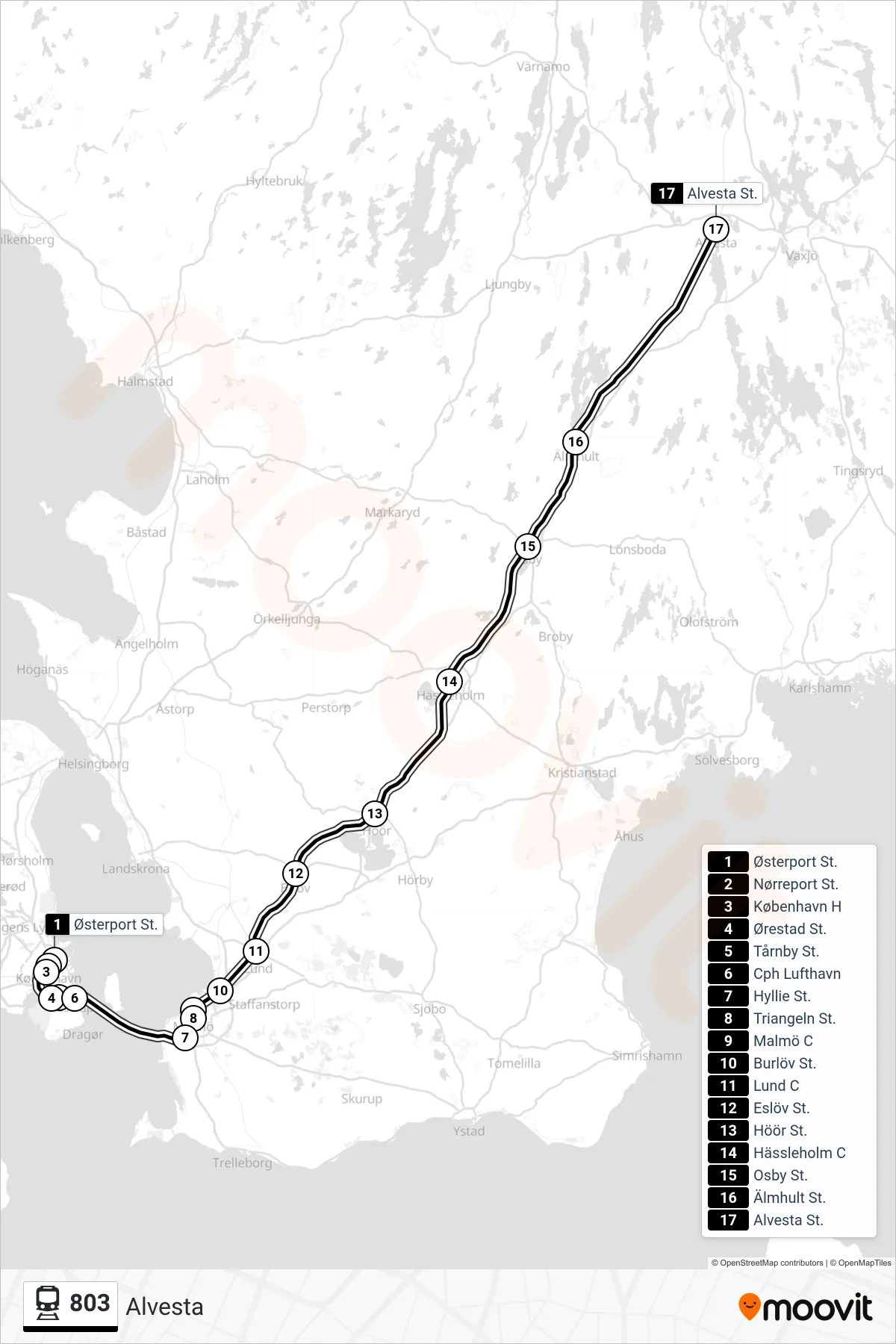803 jernbane Linje (Alvesta) rute og stop på et kort